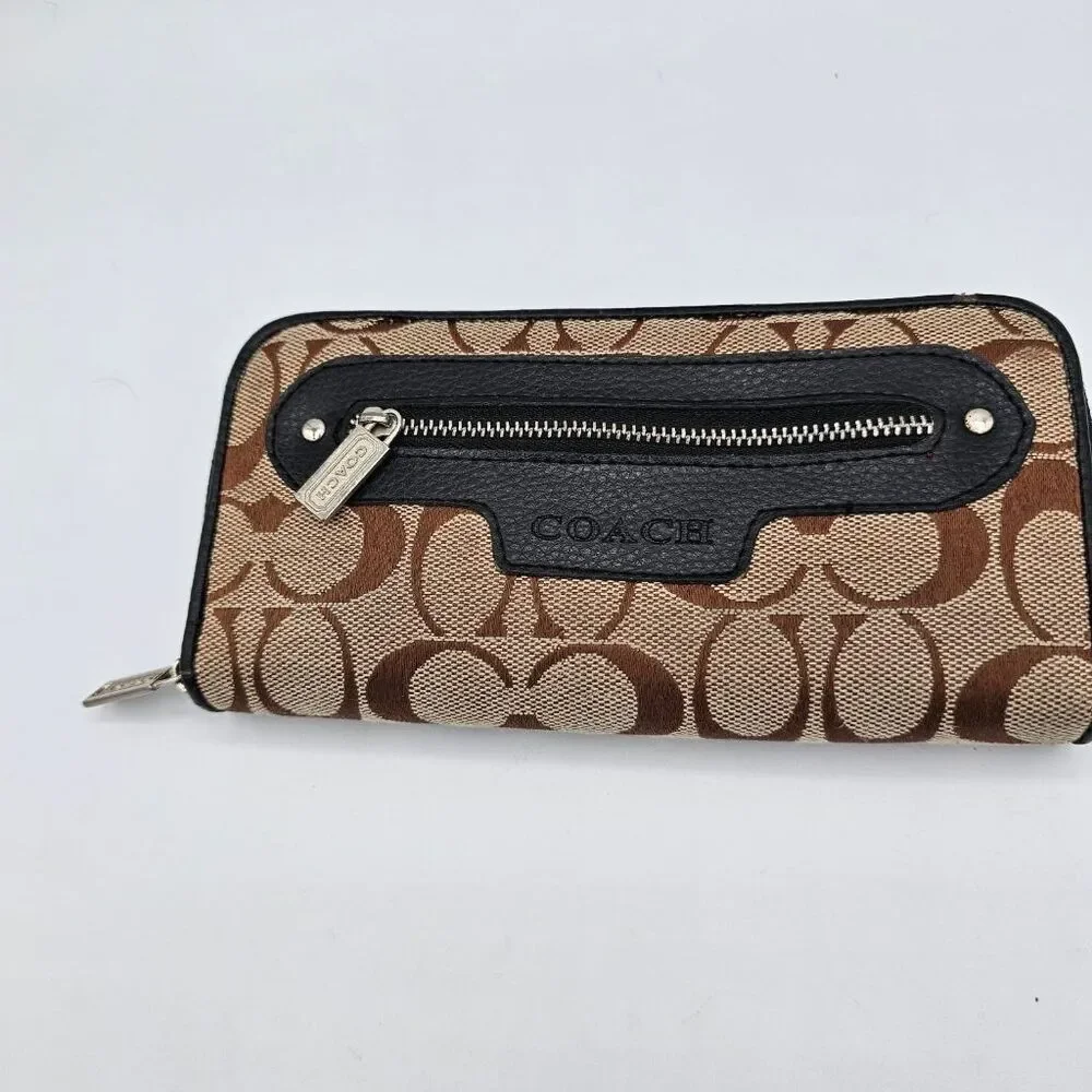 Coach Signature Zip Around Wallet Khaki Brown Canvas Black Leather Accordion